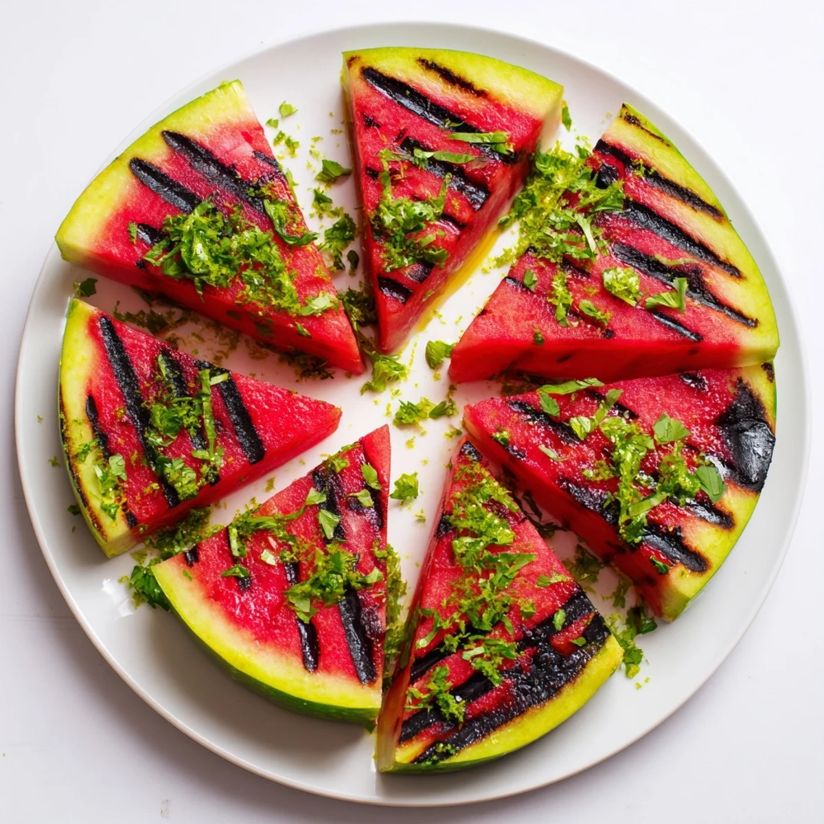 Grilled watermelon wedges with char marks topped with fresh cilantro and bright lime zest