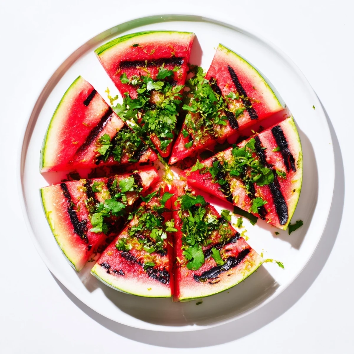Sizzling cilantro lime grilled watermelon on a platter with juicy red fruit and green garnish