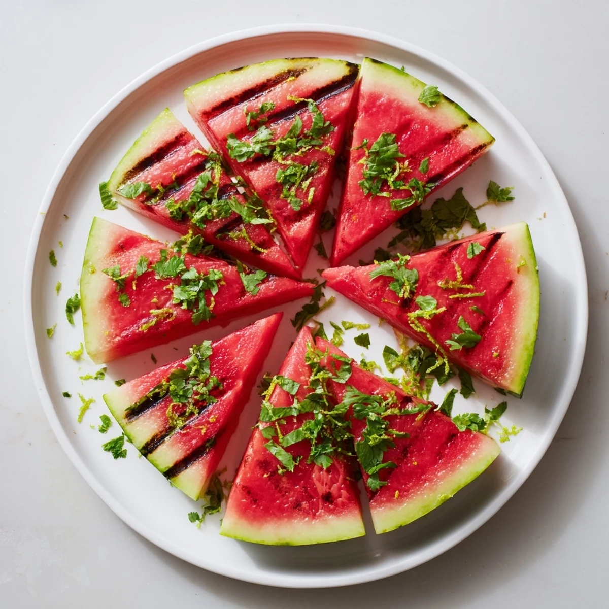 Vegan grilled watermelon slices brushed with olive oil and sprinkled with zesty lime and herbs