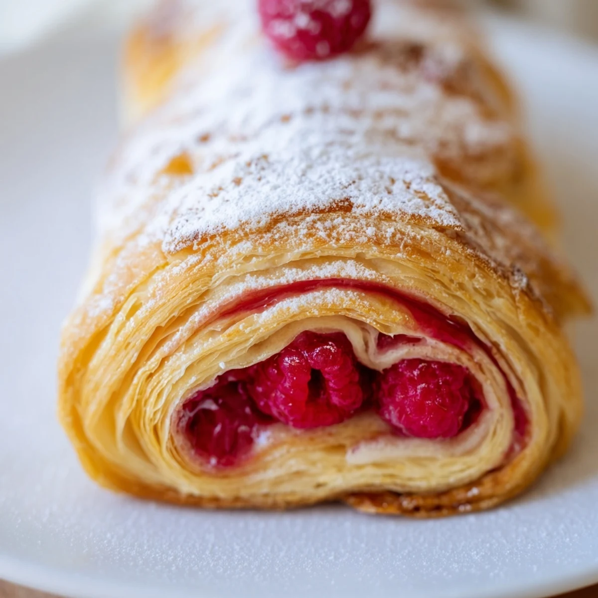 Golden raspberry puff pastry rolls fresh from oven with powdered sugar dusting