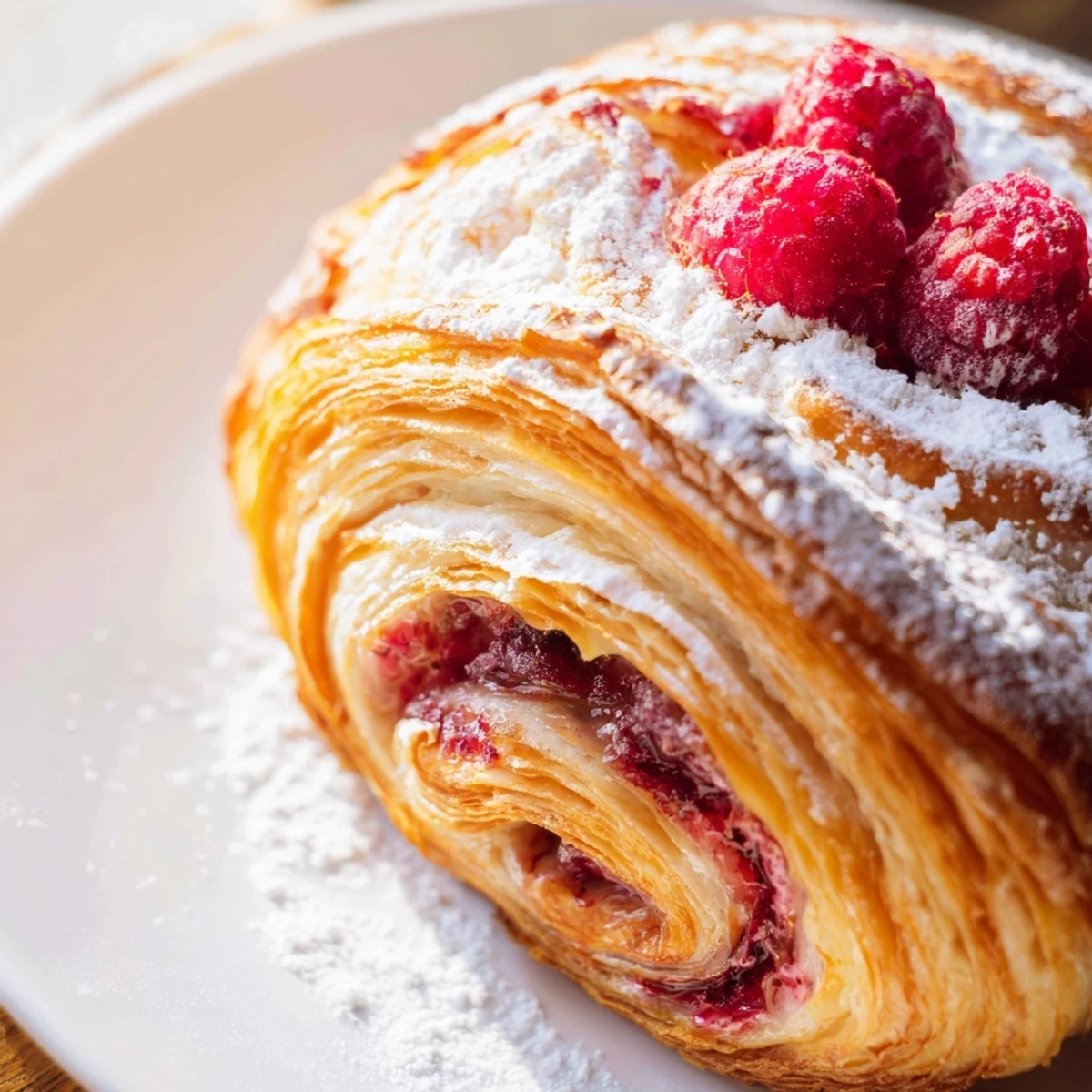 Flaky baked raspberry puff pastry rolls spiraled with sweet red jam filling