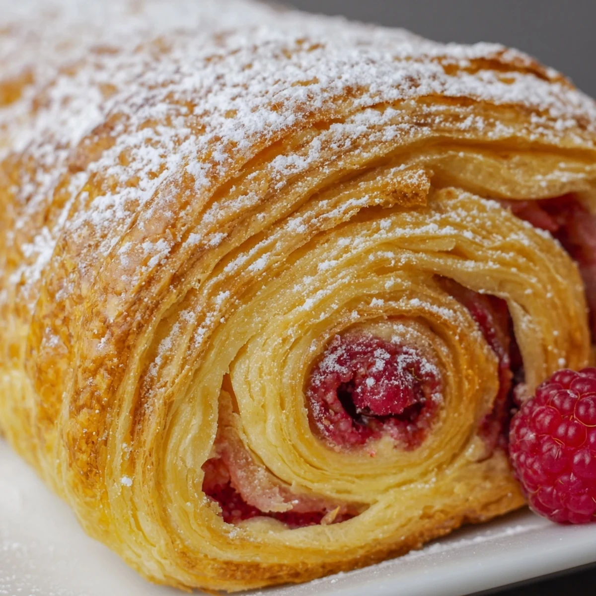 Raspberry puff pastry rolls arranged on white plate with light sugar coating