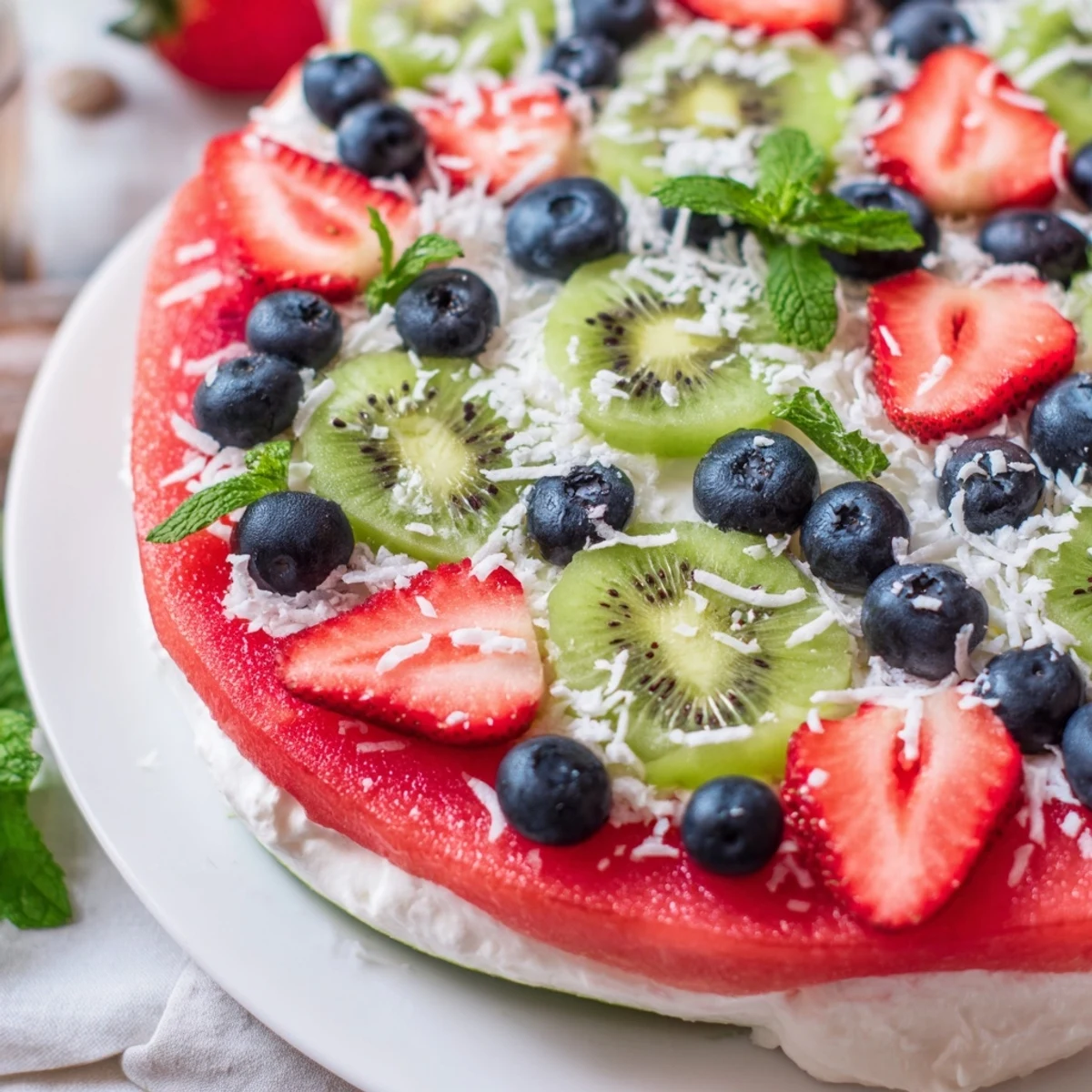 Watermelon pizza topped with creamy Greek yogurt and colorful fresh summer fruits
