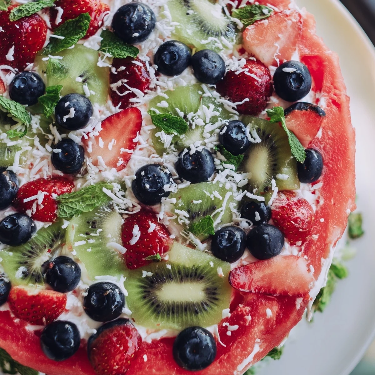 Colorful watermelon pizza slice arranged with strawberries, blueberries, kiwi and mint garnish