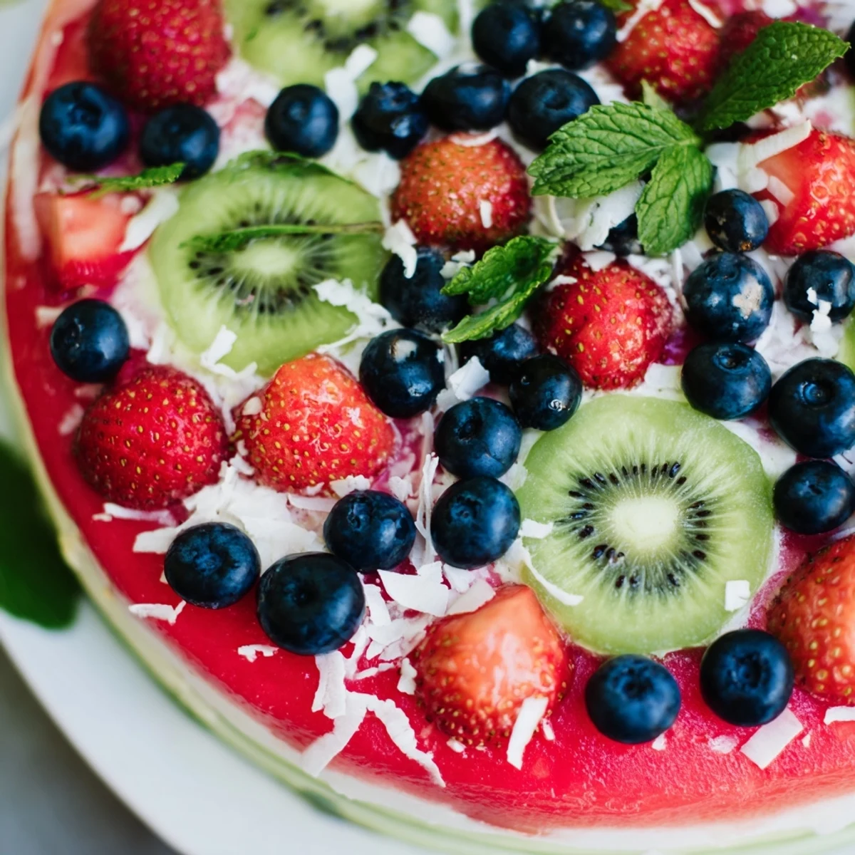 Refreshings watermelon pizza dessert with yogurt spread and vibrant berry toppings on wooden board