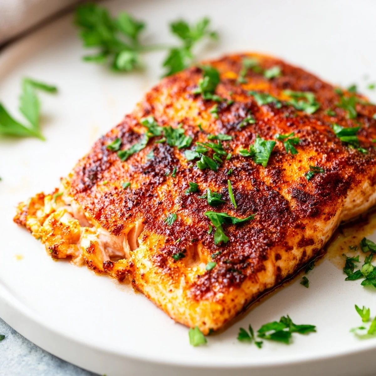 Golden brown Cajun honey salmon fillets glazed with sweet honey and spicy rub