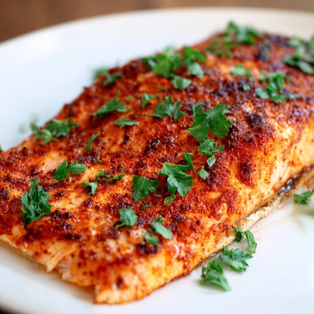 Baked salmon with caramelized honey glaze and reddish Cajun spices on white plate