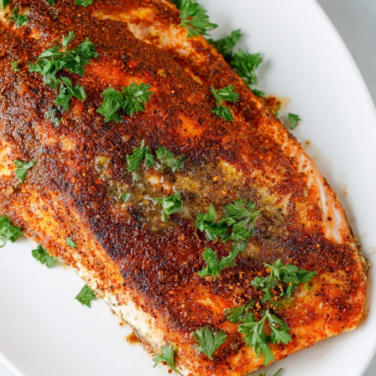 Flaky honey glazed salmon sprinkled with paprika seasoning and garnished with fresh parsley