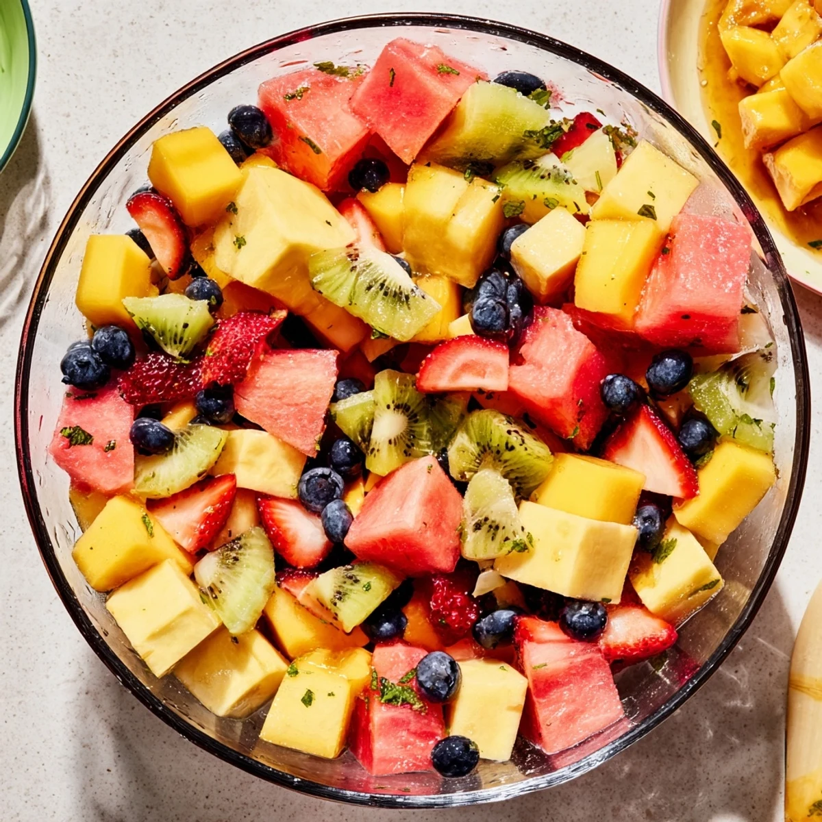Colorful bowl of juicy summer delights fruit salad drizzled with citrus-mint syrup