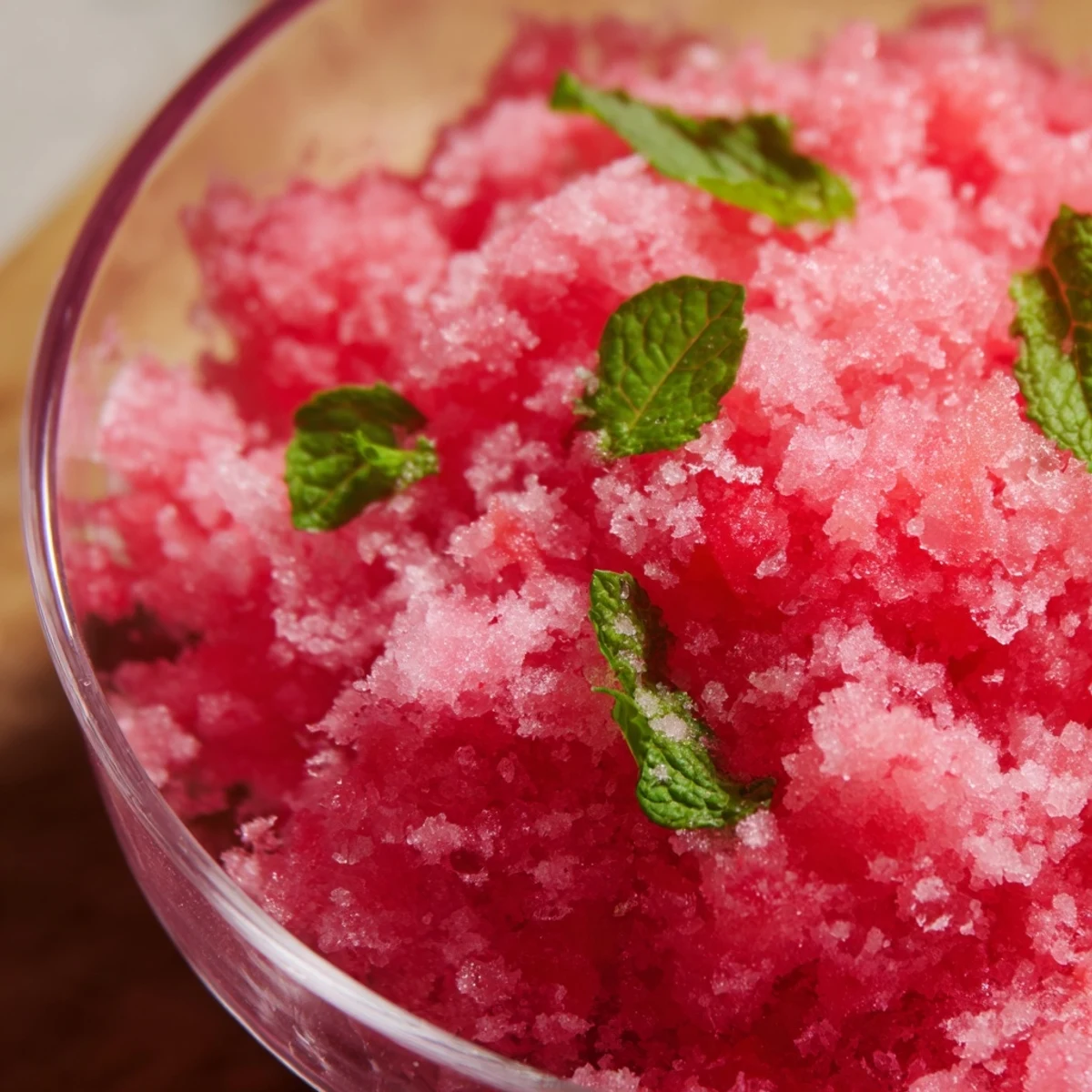 Fluffy pink watermelon granita served in chilled glass bowls with fresh mint garnish