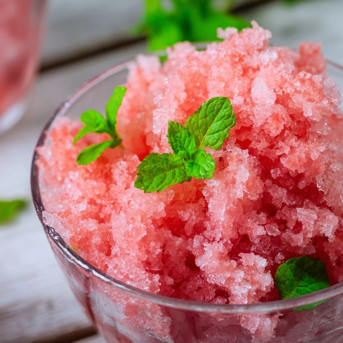 Spoonful of refreshing watermelon granita with light, crystallized texture in a clear serving dish