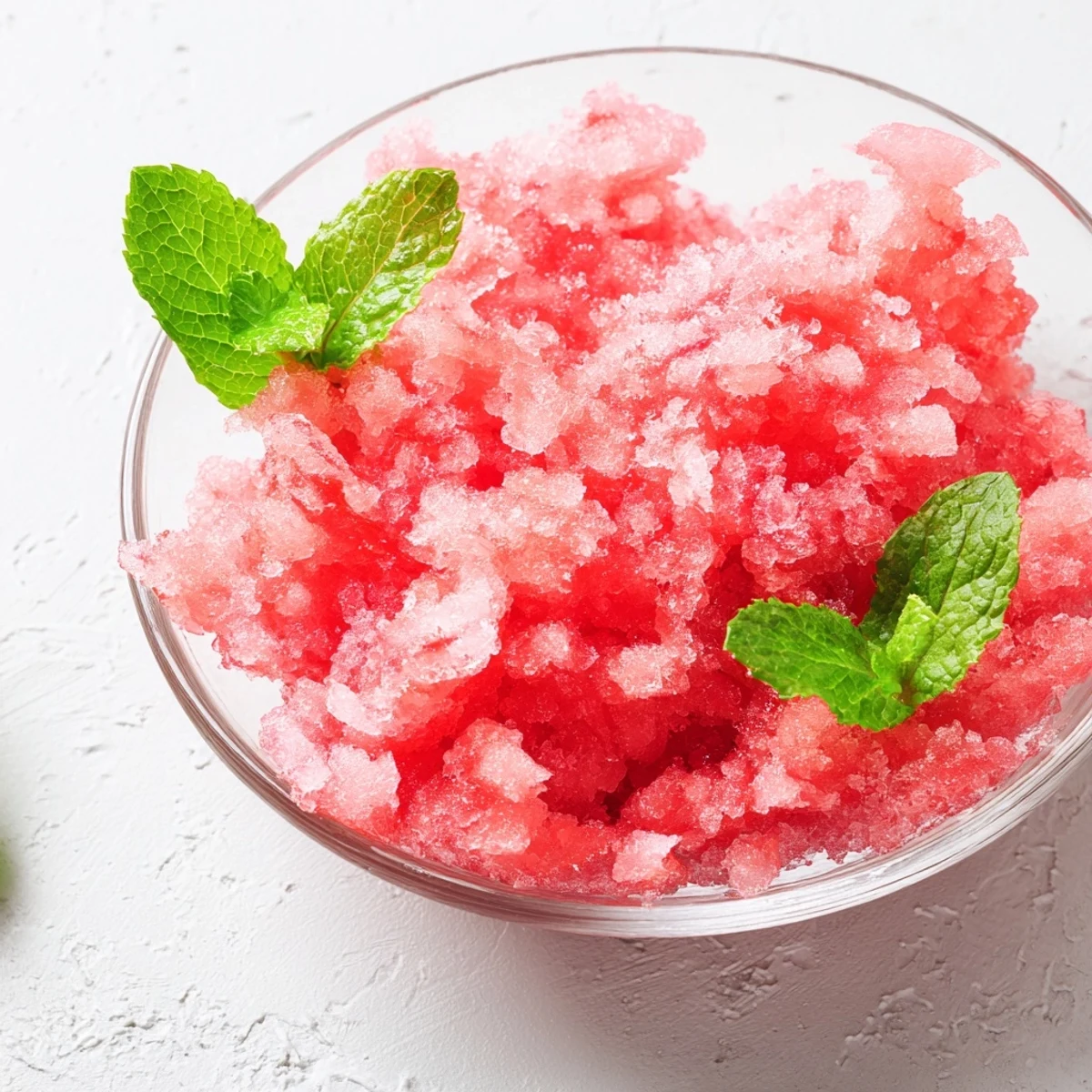 Raspberry-colored watermelon granita scraped into icy crystals, topped with lime zest and mint sprigs