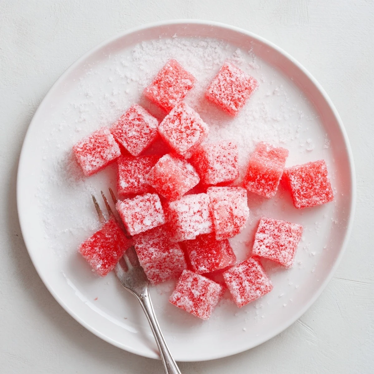 Chewy pink watermelon candies dusted with sour sugar crystals arranged on parchment paper