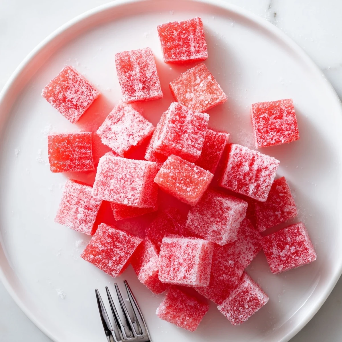 Homemade sour watermelon fruit chews coated in tangy sugar citric acid mixture on white plate