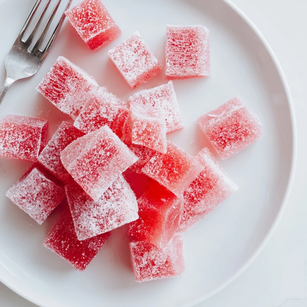 Fresh watermelon fruit chews rolled in sweet and tart coating for snacking and gifting