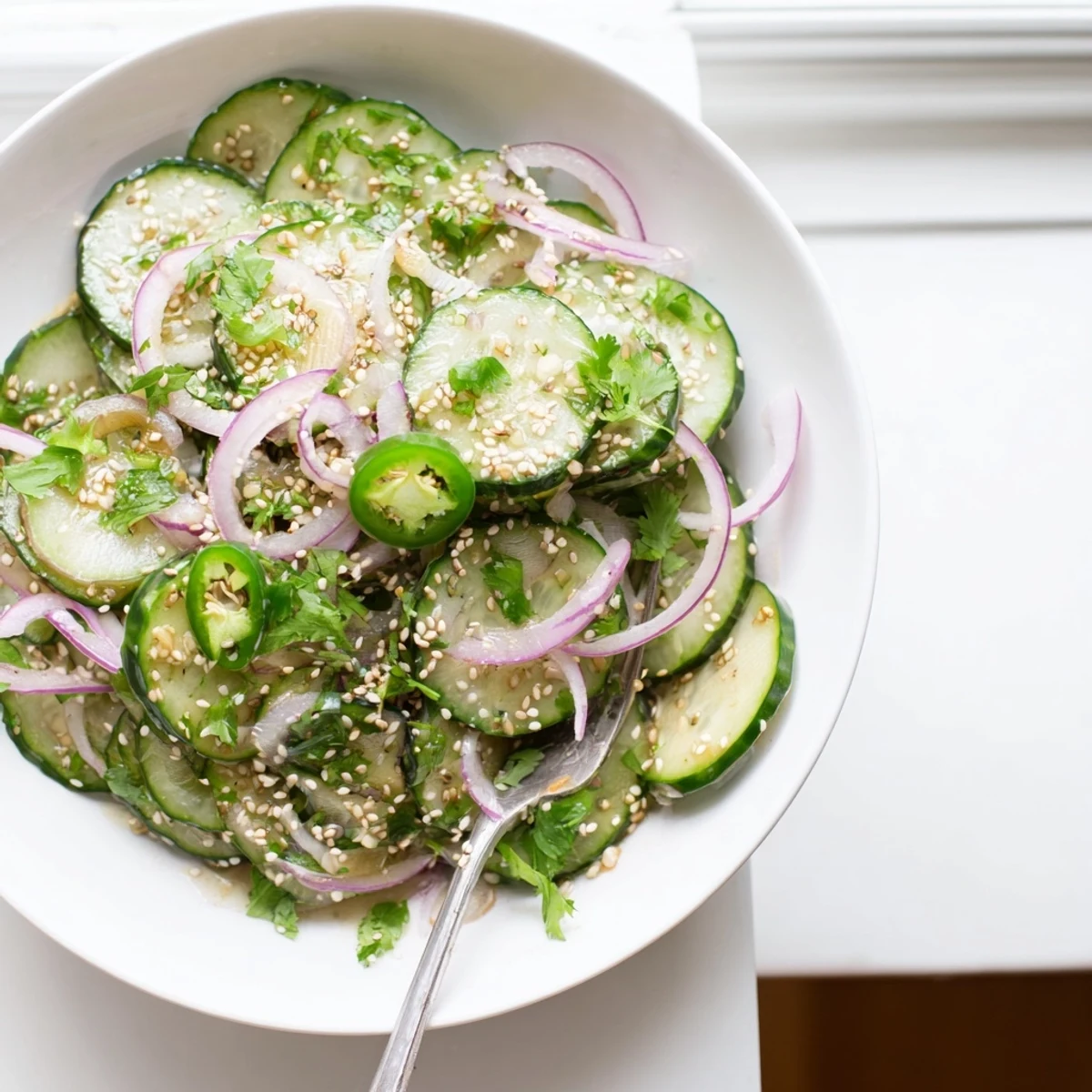 Fresh honey lime cucumber salad featuring crisp sliced cucumbers in a tangy honey-lime dressing with red onion and cilantro garnish
