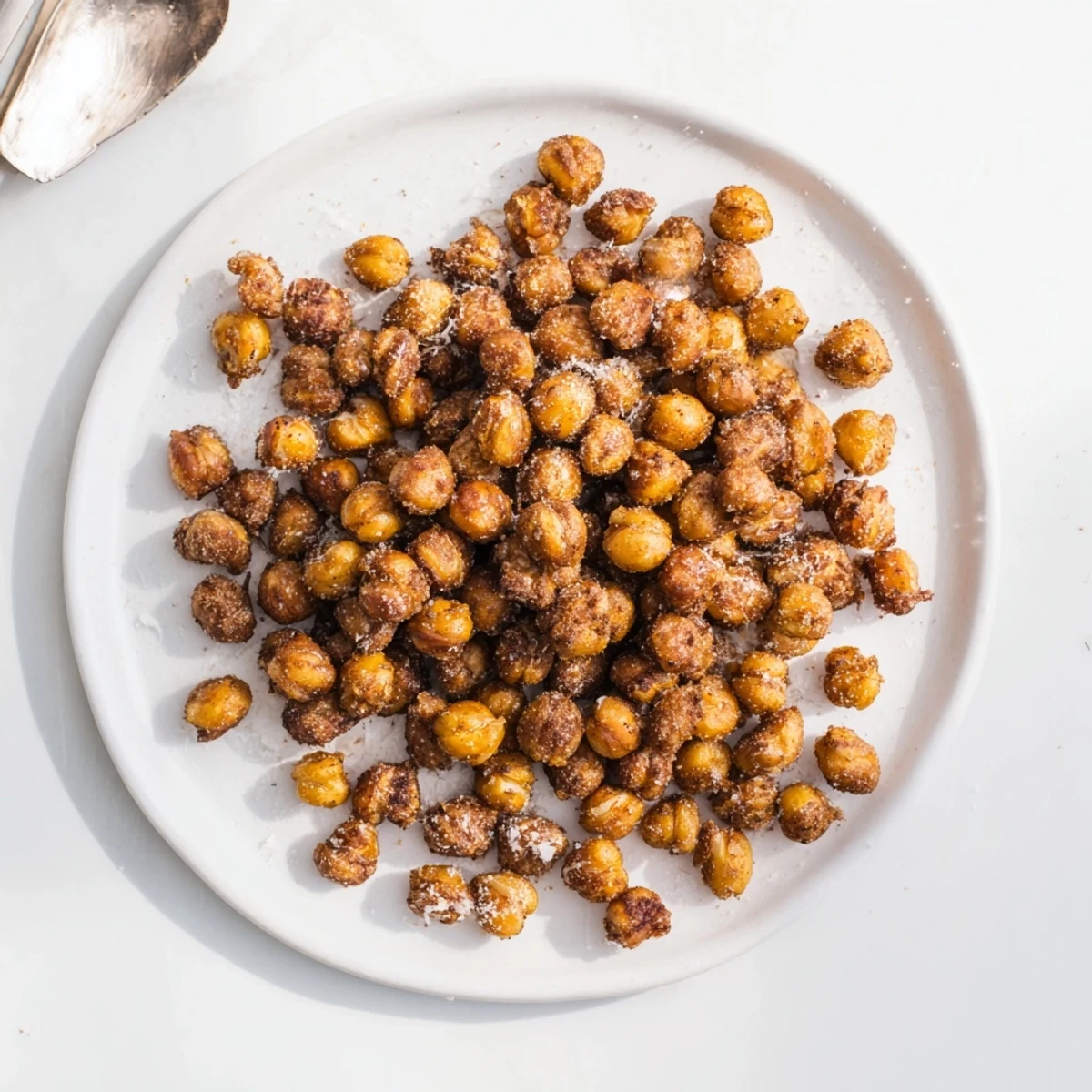 Bowl of crispy sweet cinnamon roasted chickpeas sprinkled with sea salt and aromatic warm spices
