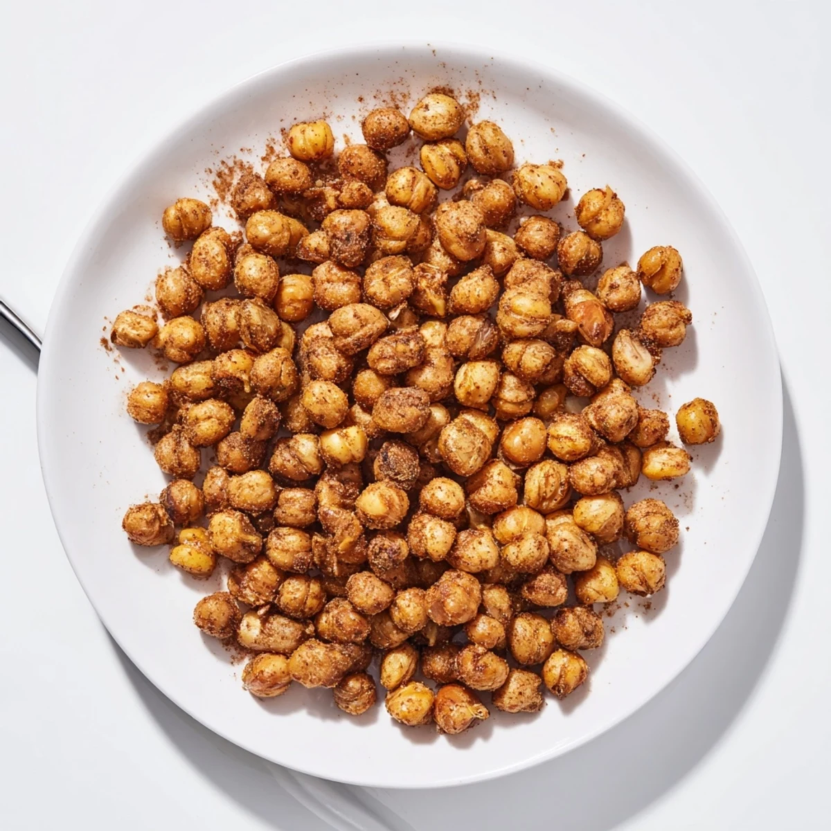 Golden brown cinnamon roasted chickpeas arranged on a white plate, lightly dusted with coconut sugar
