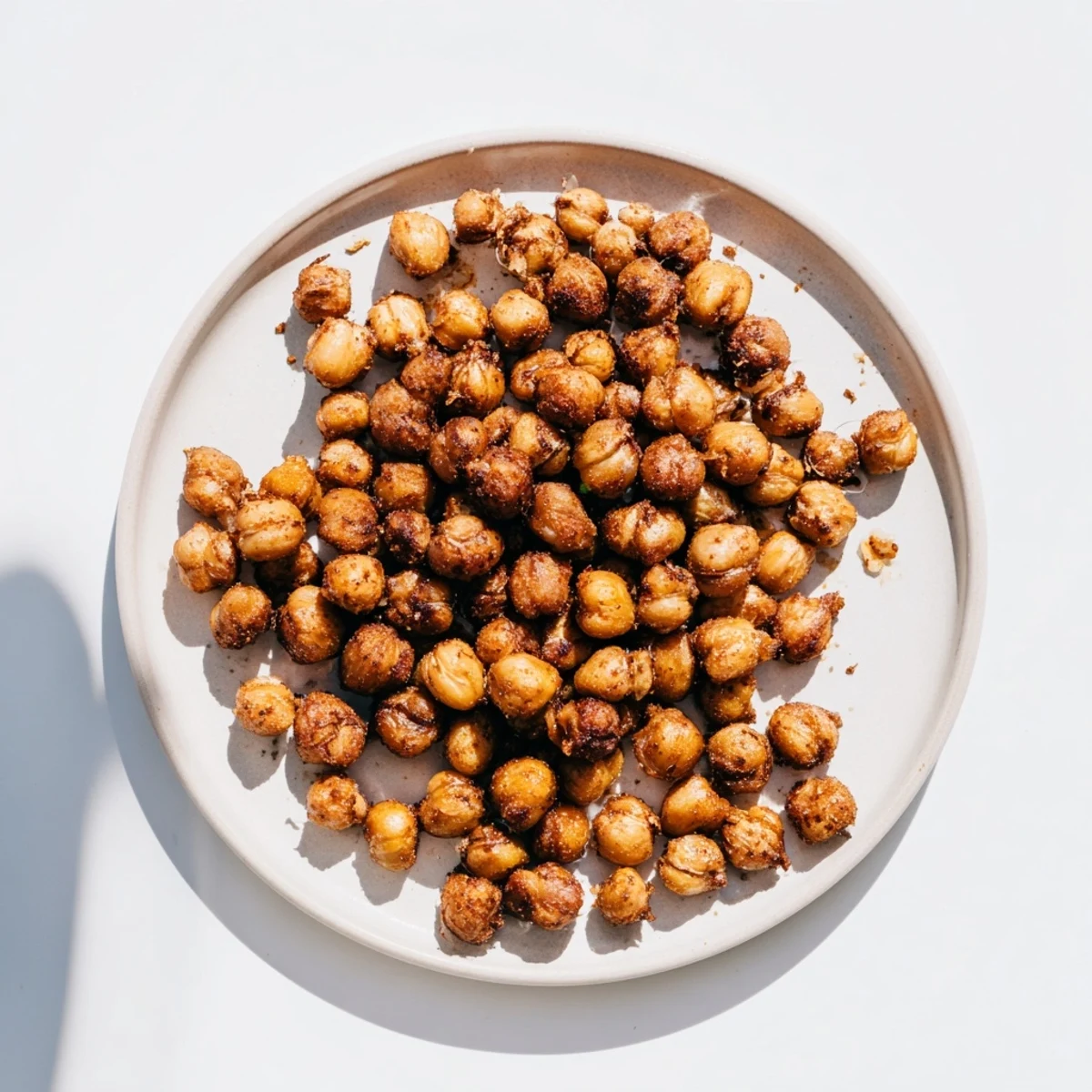 Close up of crunchy cinnamon roasted chickpeas scattered on parchment paper, golden and caramelized