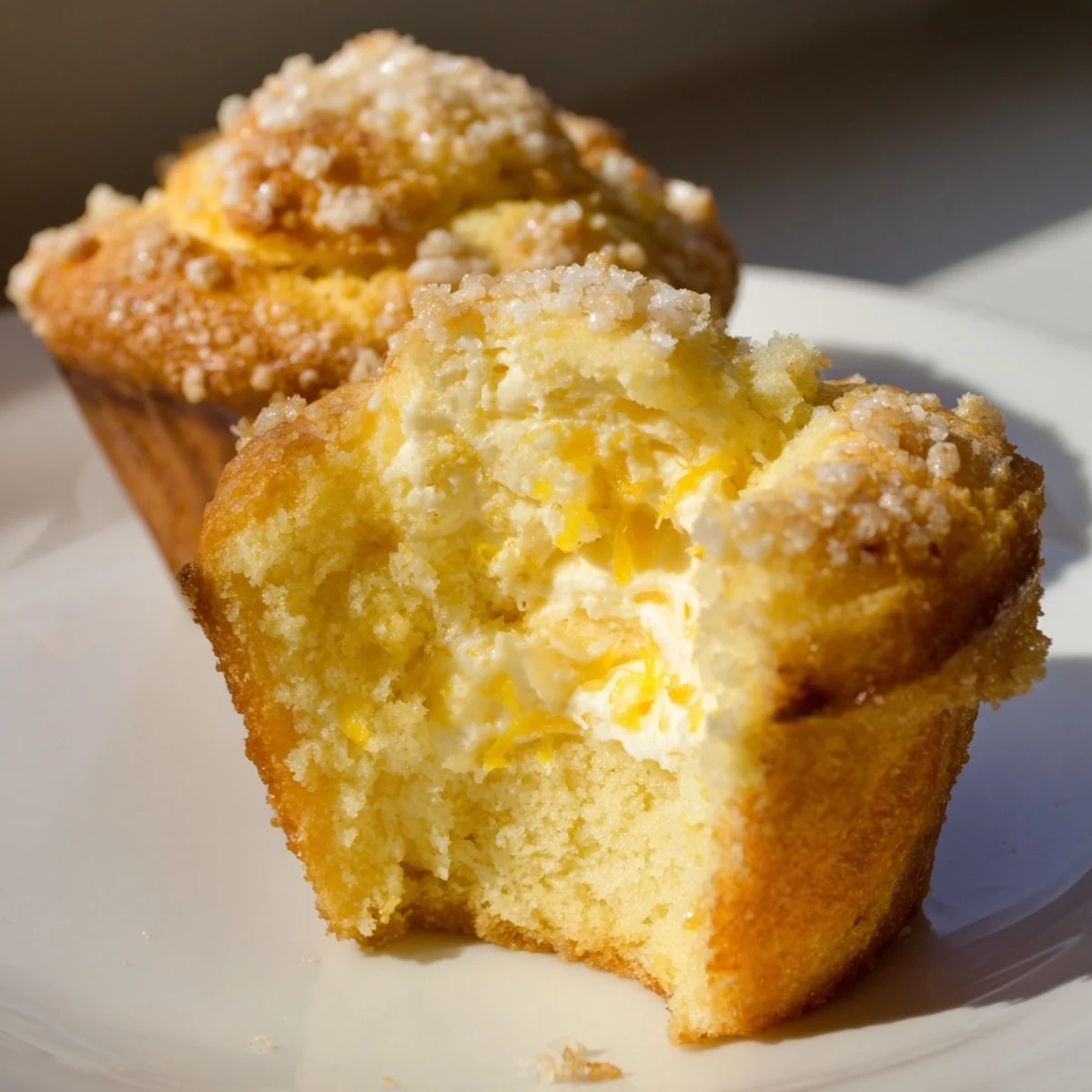 Golden lemon cream cheese muffins topped with coarse sugar on a white wire cooling rack