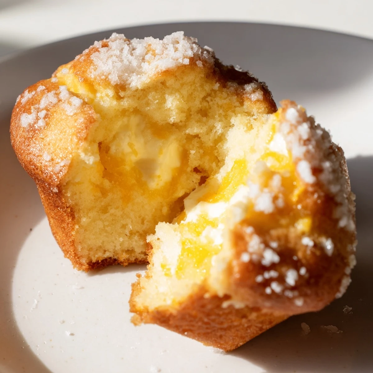 Freshly baked lemon cream cheese muffins with moist crumbs and creamy center visible in cross-section