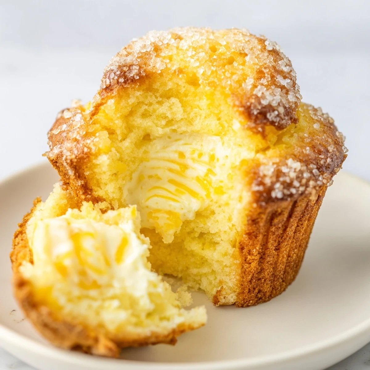 Batch of twelve lemon cream cheese muffins cooling in a lined muffin tin with golden domed tops