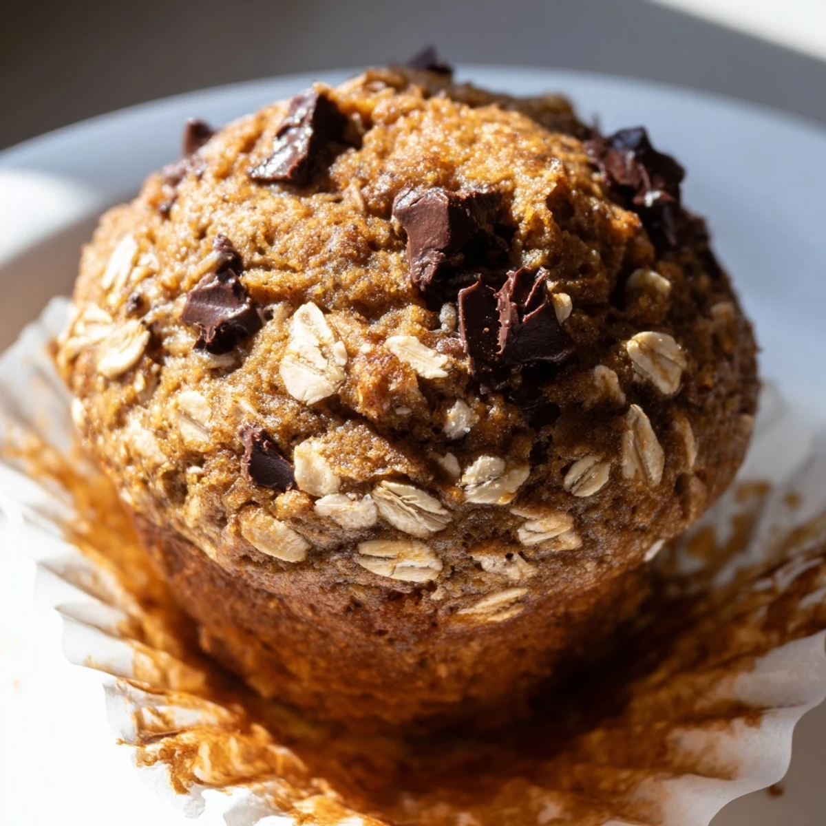 Golden banana chocolate chip muffins with oats cooling on a wire rack