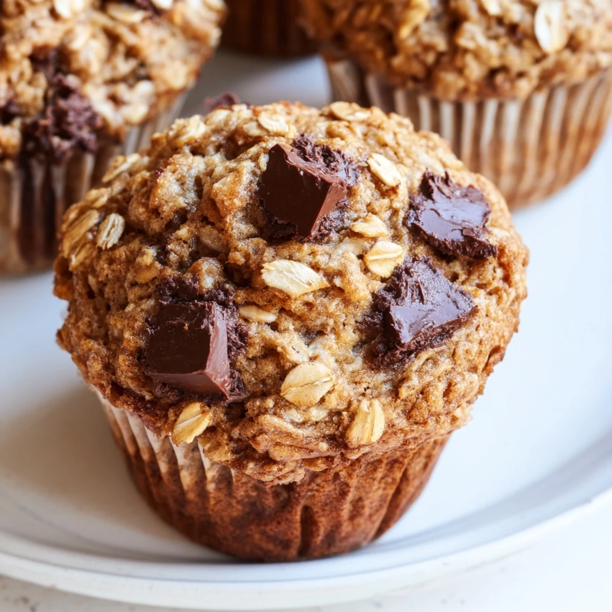 Soft banana chocolate chip muffins with oats split open showing moist crumb