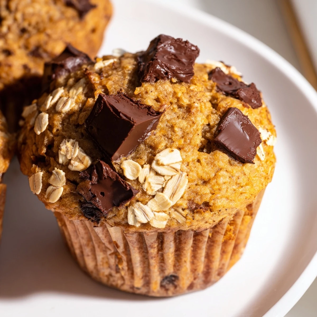 Freshly baked banana chocolate chip muffins topped with visible chocolate chips and oats
