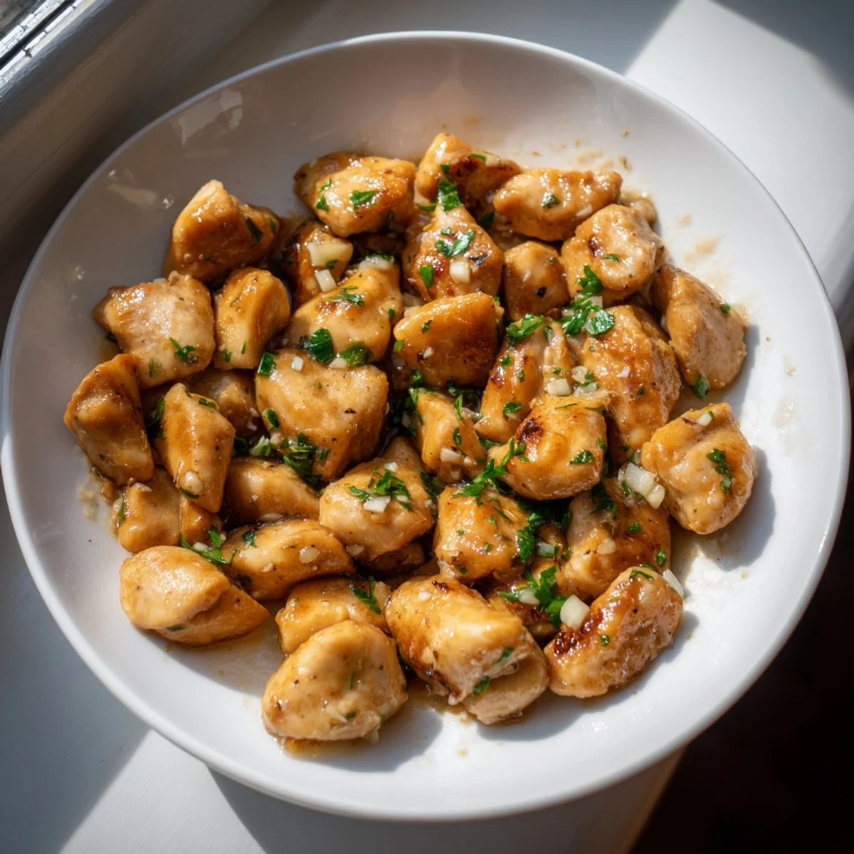 Golden garlic butter chicken bites sizzling in a skillet with fresh parsley garnish