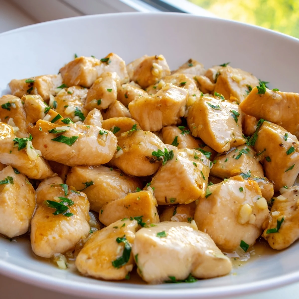 Tender pan-fried chicken pieces coated in rich buttery garlic sauce on a white plate