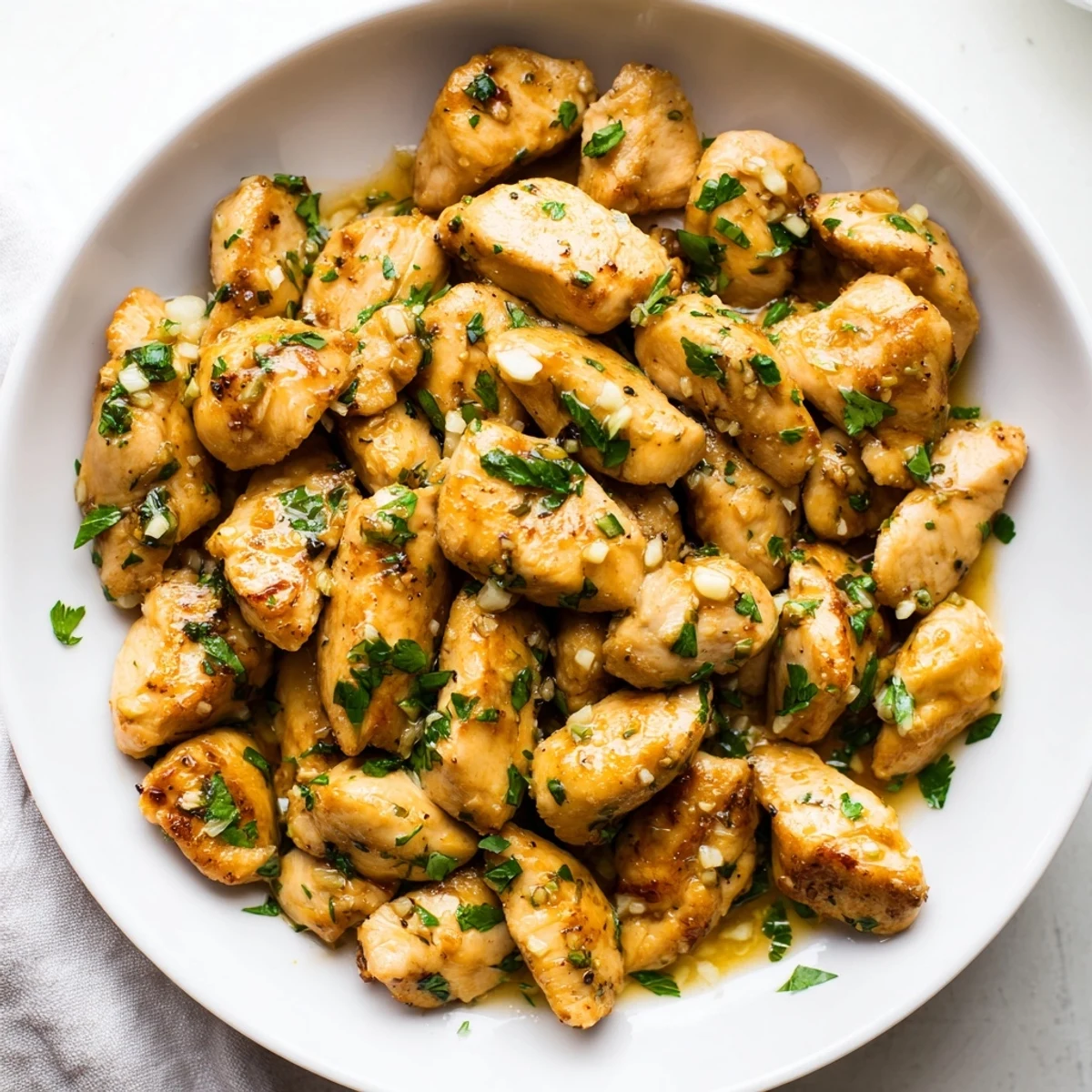 Succulent chicken bites swimming in melted garlic butter sauce topped with chopped green parsley