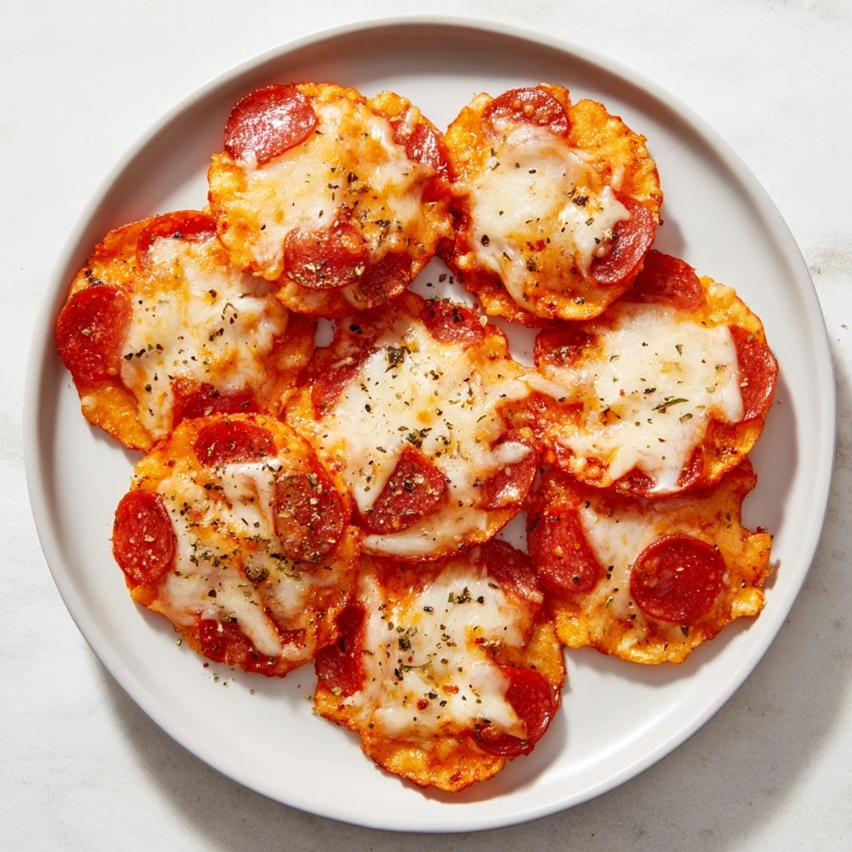 Golden pepperoni cheese chips with bubbling melted cheddar and mozzarella on a baking sheet
