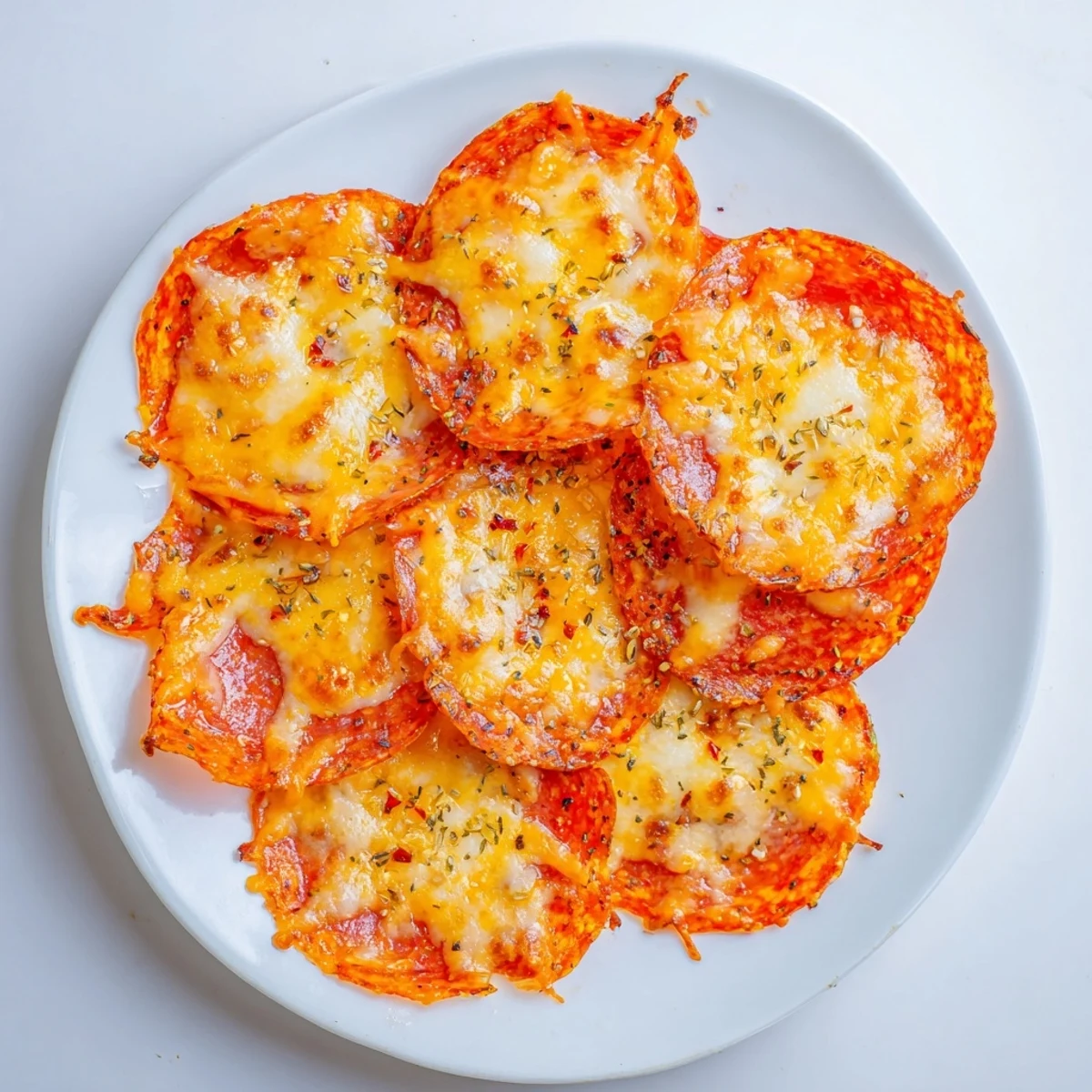 Baked pepperoni slices loaded with gooey cheese, arranged on parchment for easy serving