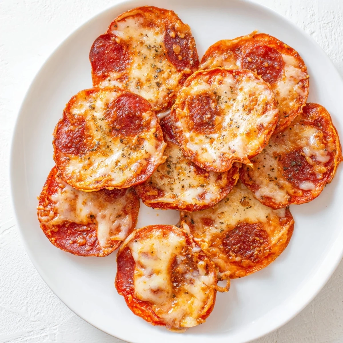 Crispy low-carb pepperoni snacks topped with Italian herbs and red pepper flakes