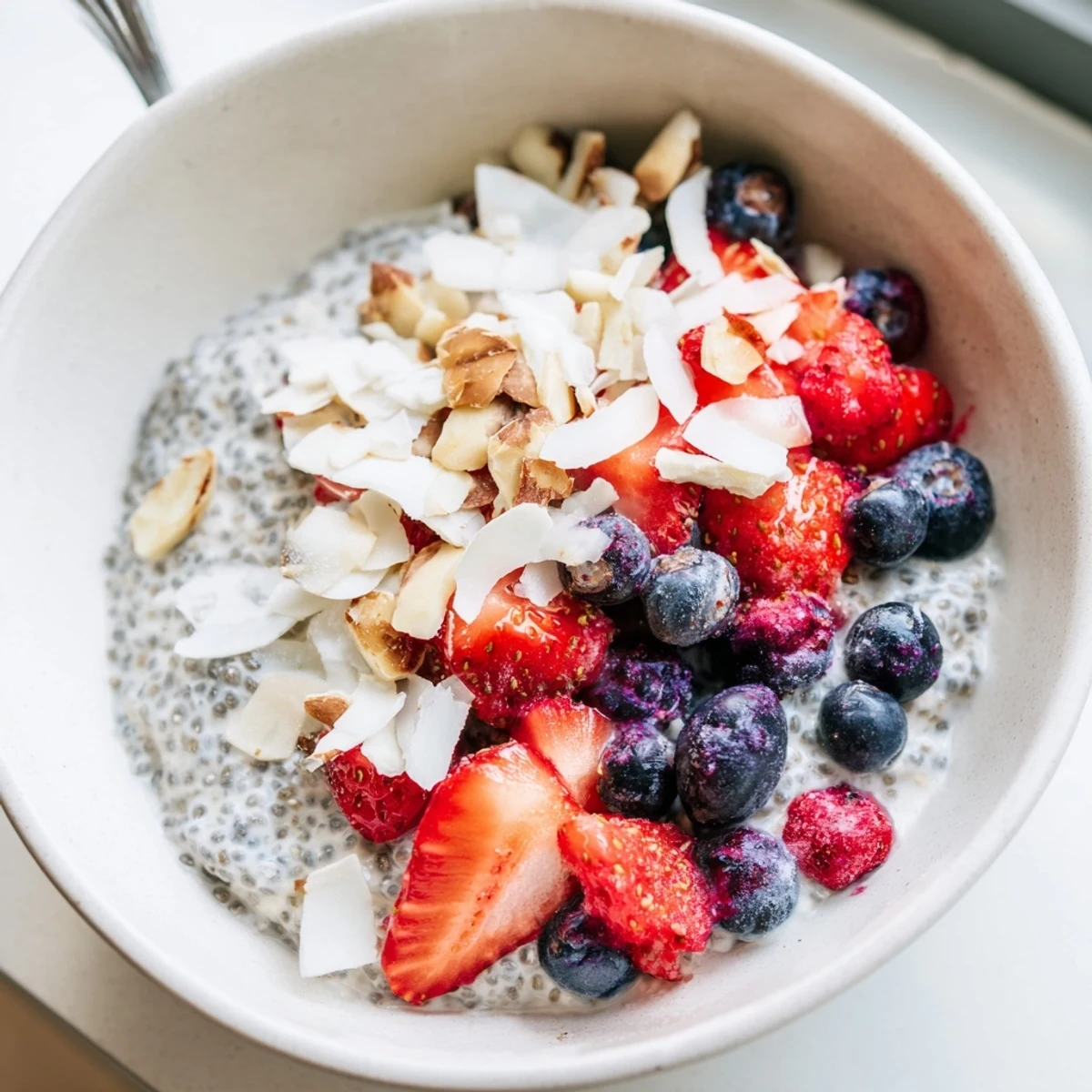 Creamy chia pudding recipes topped with fresh mixed berries and coconut in glass jars
