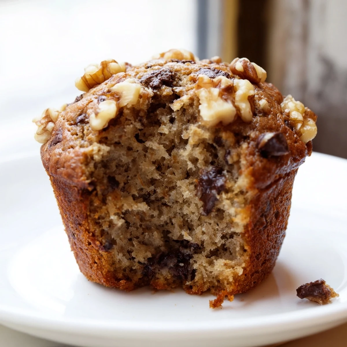 Golden healthy banana nut muffins topped with chopped walnuts on a wire cooling rack