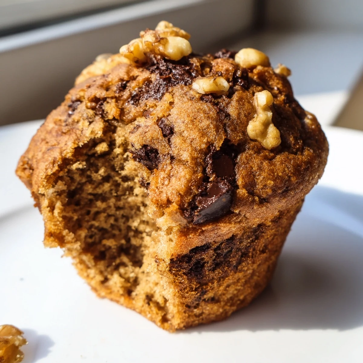 Freshly baked healthy banana nut muffins with dark specks of ripe banana throughout the crumb