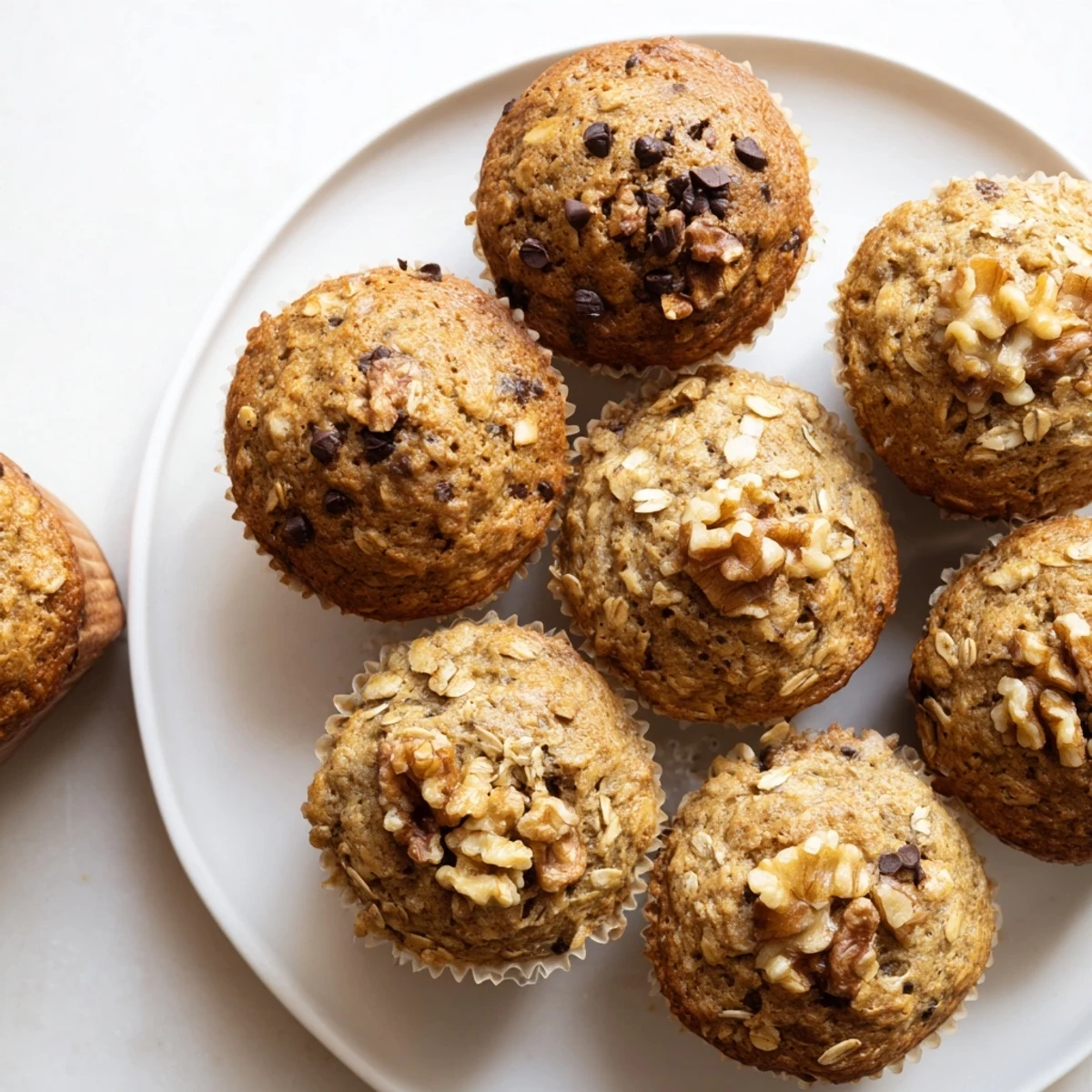 Freshly baked banana oatmeal muffins with golden tops cooling on a wire rack