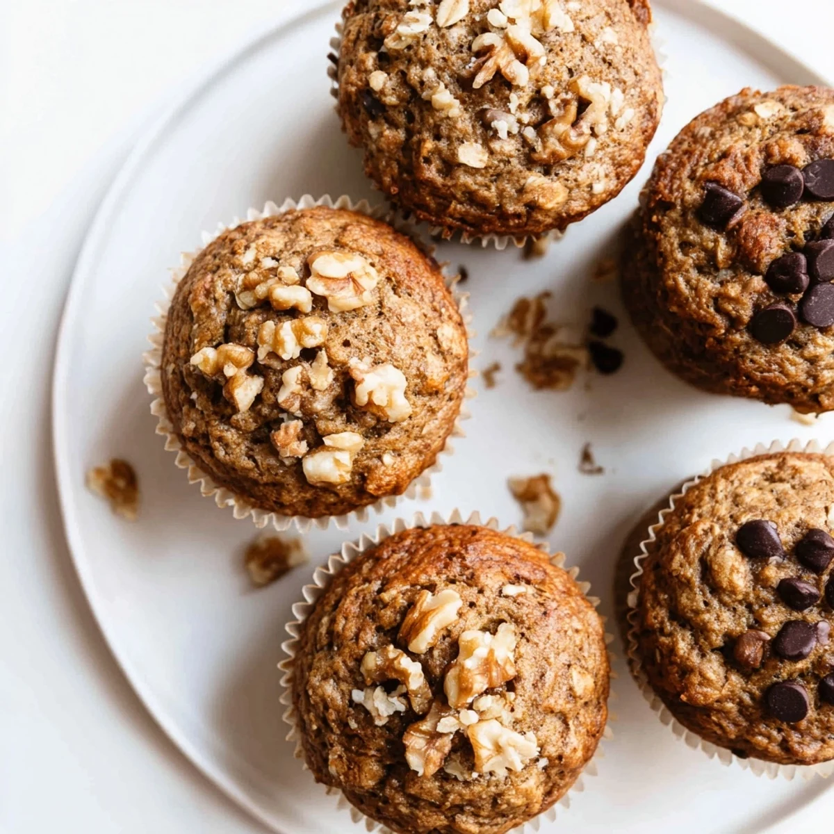 Moist banana oatmeal muffins studded with oats and served on a rustic wooden board
