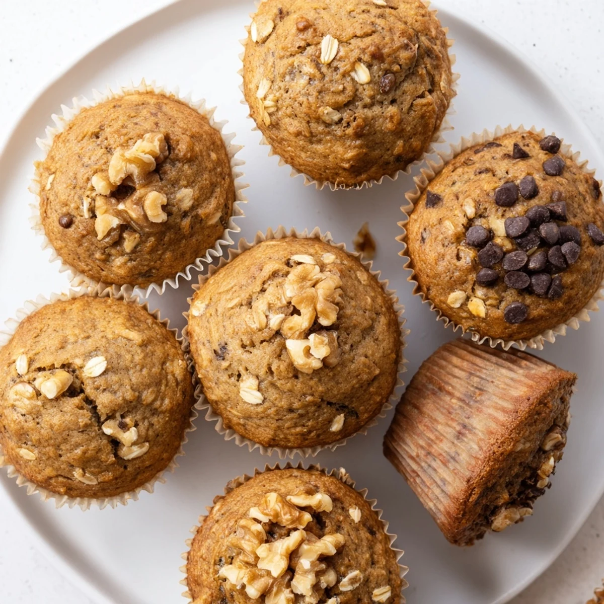 Golden brown banana oatmeal muffins with visible oat texture on a white plate