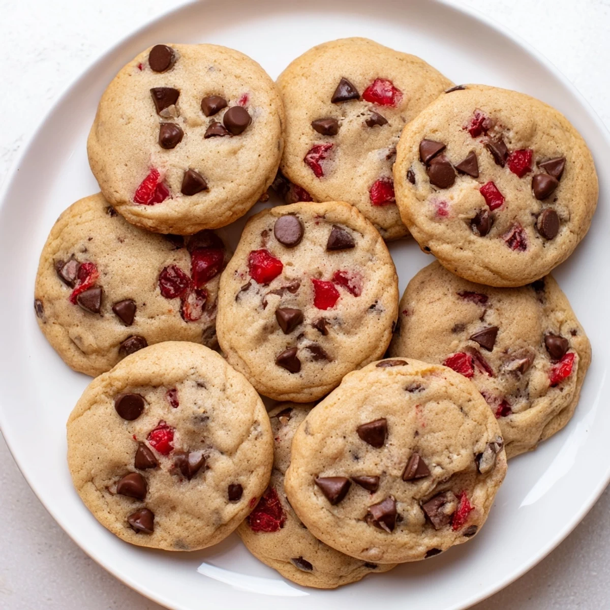 Chewy homemade cookies loaded with semisweet chocolate chips and bright red maraschino cherry pieces.