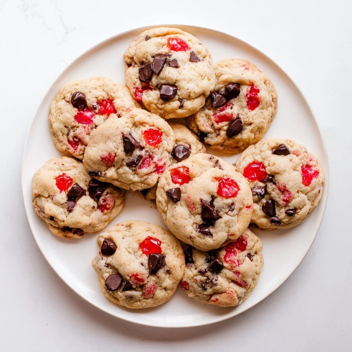 Freshly baked maraschino cherry chocolate chip cookies with soft centers and golden edges on a wire cooling rack.