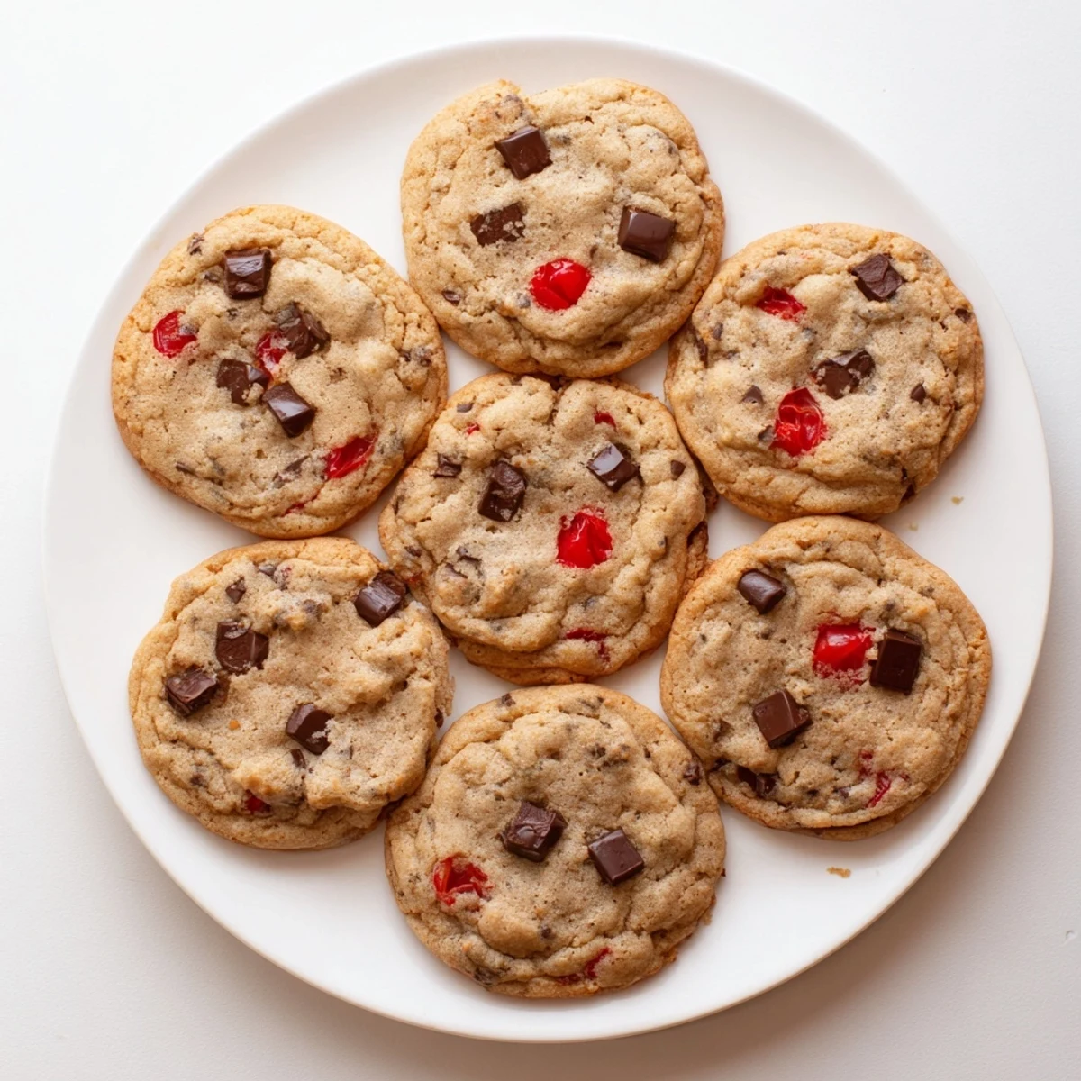 Stack of soft maraschino cherry chocolate chip cookies showing melty chips and colorful cherry bits throughout.