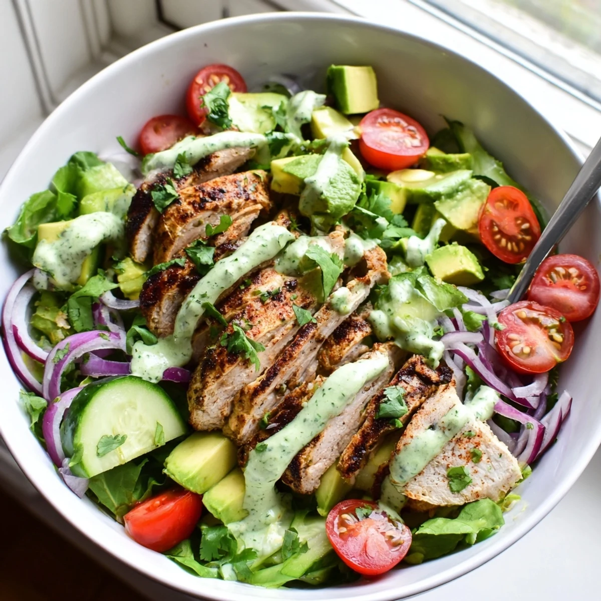 Colorful bowl of creamy avocado grilled chicken salad with fresh vegetables and tangy green dressing drizzled on top.