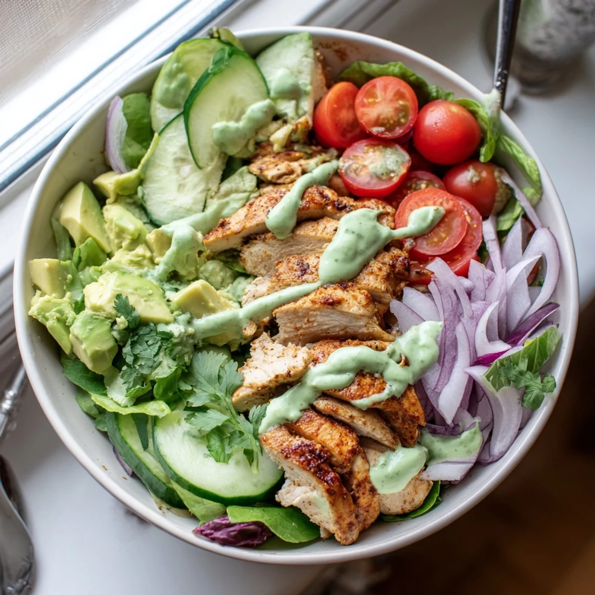 Sliced grilled chicken breast arranged over mixed greens, diced avocados, cherry tomatoes, cucumber, and red onion in a white bowl.