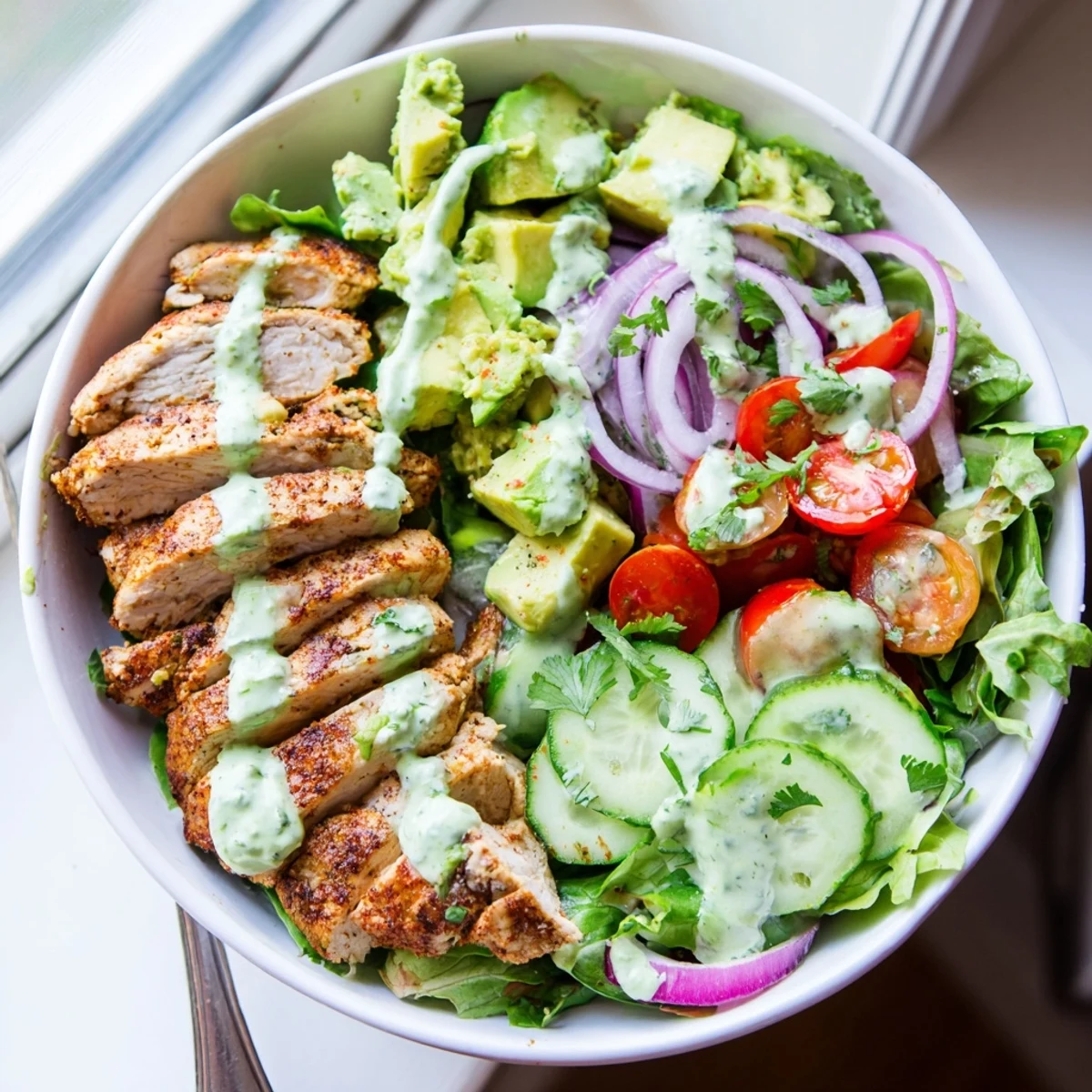 Wholesome lunch bowl featuring juicy seasoned chicken, ripe avocado chunks, crisp veggies, and creamy homemade avocado lime dressing.