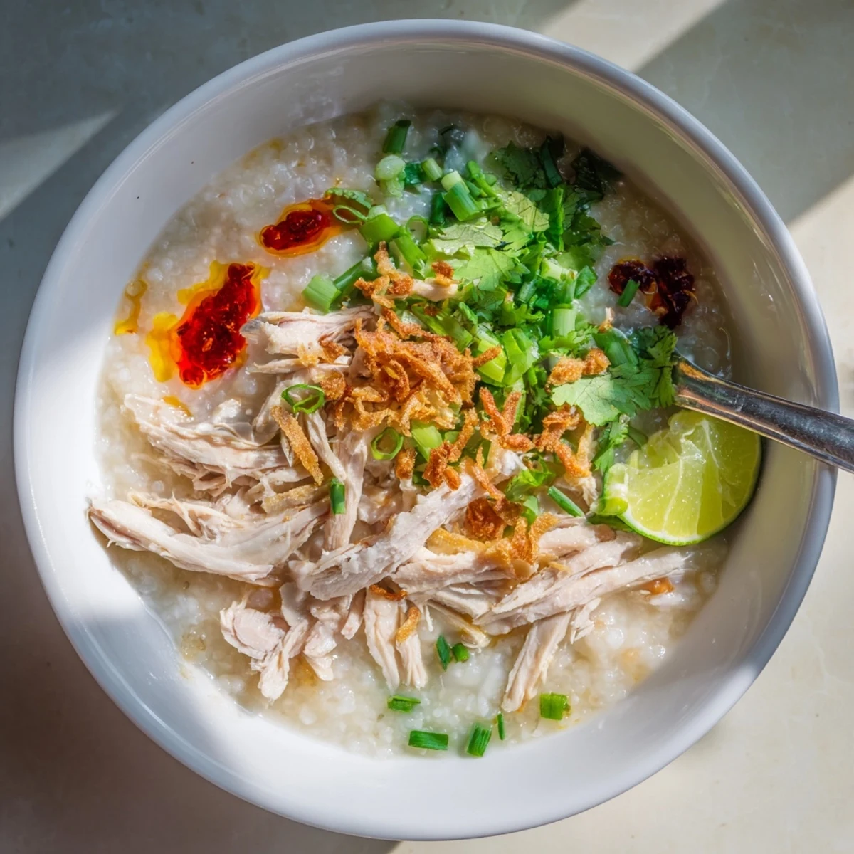 Steaming bowl of Vietnamese chicken rice porridge topped with fresh cilantro and crispy fried shallots