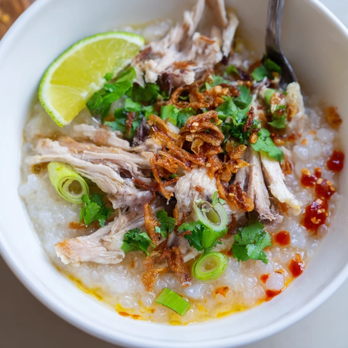 Golden chicken rice porridge sprinkled with white pepper and served with zesty lime wedges on the side