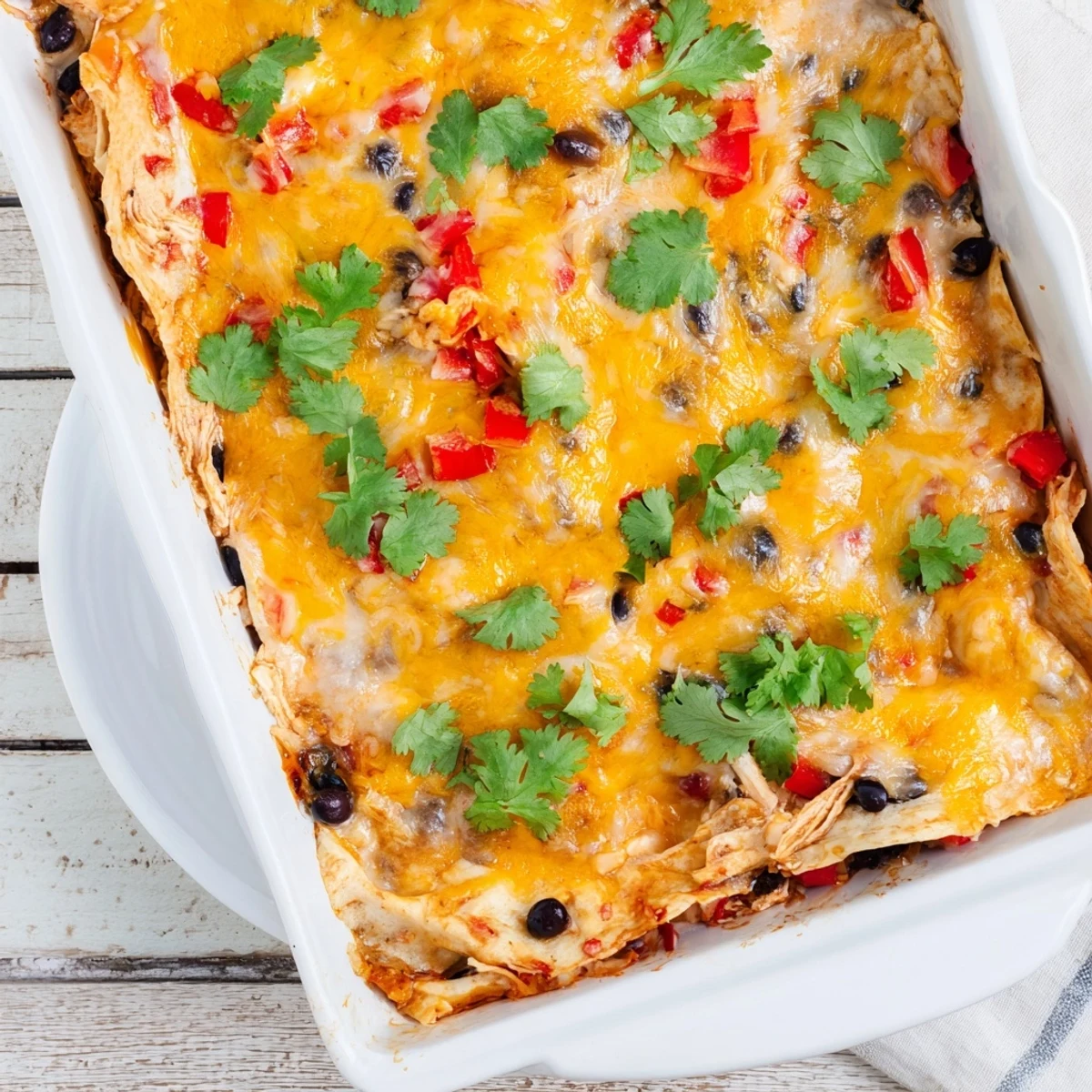 Golden bubbly cheese drapes over this creamy chicken taco lasagna fresh from the oven